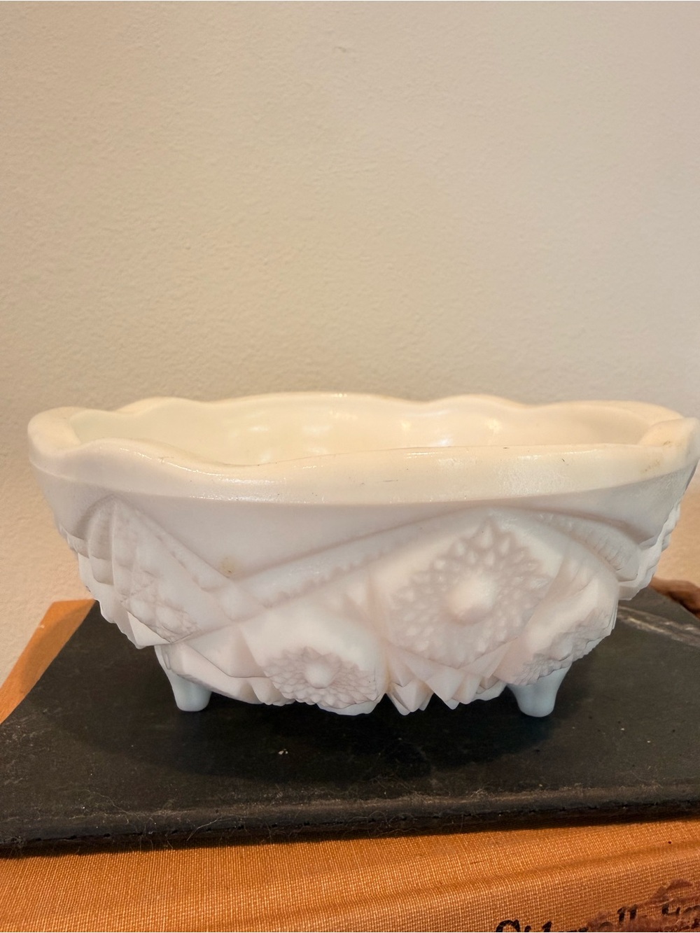 Vintage milk glass footed bowl with flowers